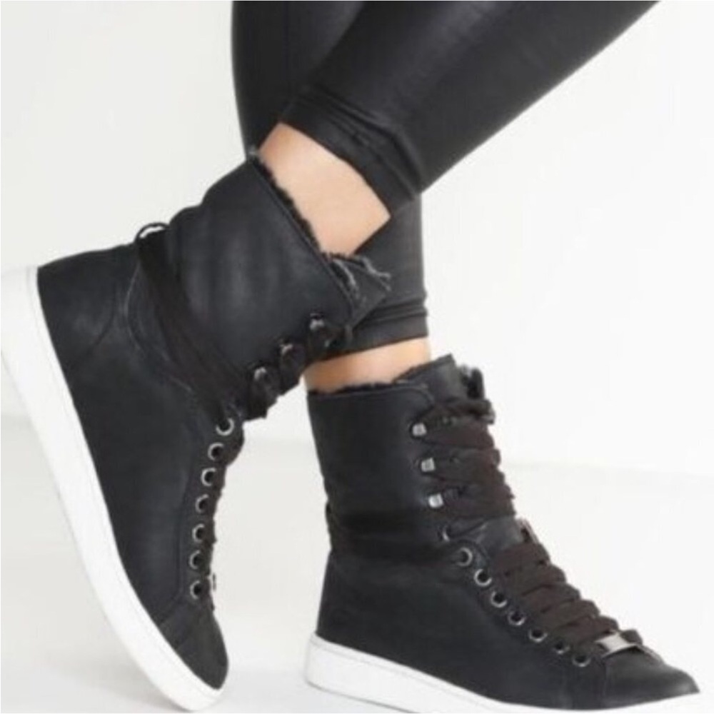 UGG Starlyn Leather Sheepskin High Top Sneakers Dark Brown - Picture 1 of 14